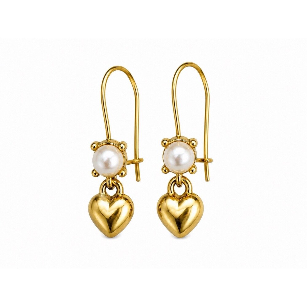 Vintage Gold Tone Faux Pearl Heart Drop Earrings Dangle Kidney Wire Romantic